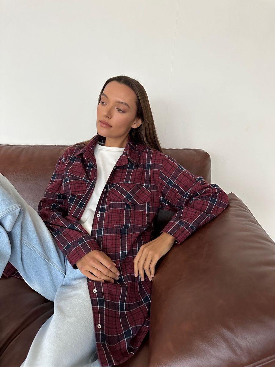 Рубашка из хлопка оверсайз в клетку бордовая