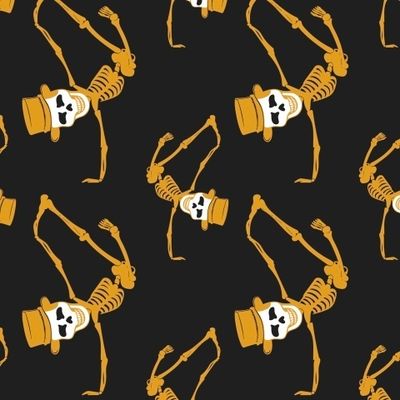 Танцующие оранжевые скелеты на чёрном фоне