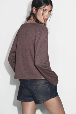 ZARA ФУТБОЛКА С ВЫРЕЗОМ «ЛОДОЧКА» И ДЛИННЫМИ РУКАВАМИ, РЫЖЕВАТО-КОРИЧНЕВЫЙ МЕЛАНЖ