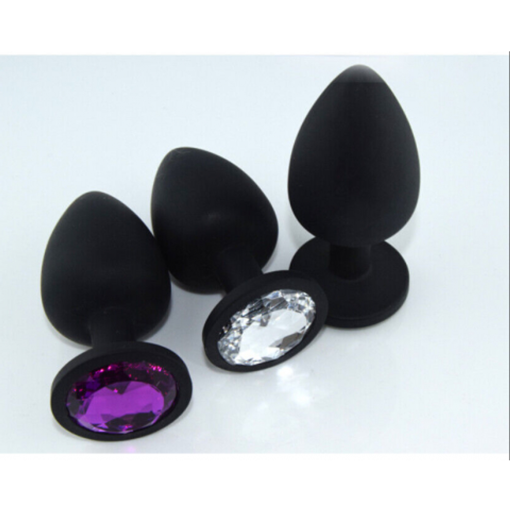 Анальная пробка из чёрного силикона с черным кристаллом (размер S)