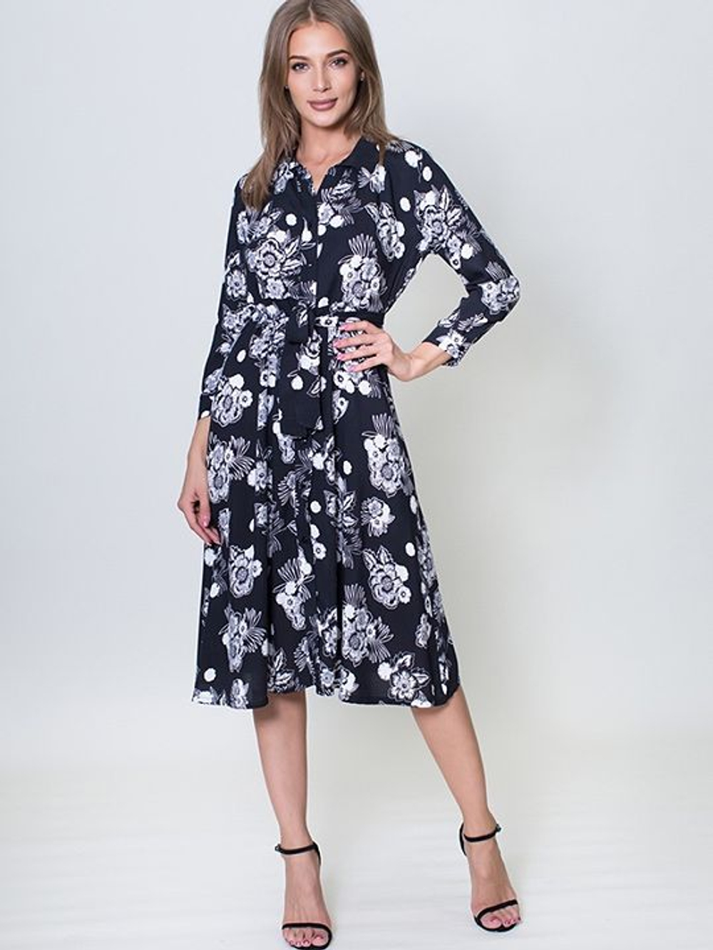 Платье с длинным рукавом на пуговицах (Размер: M) (Цвет: черный)