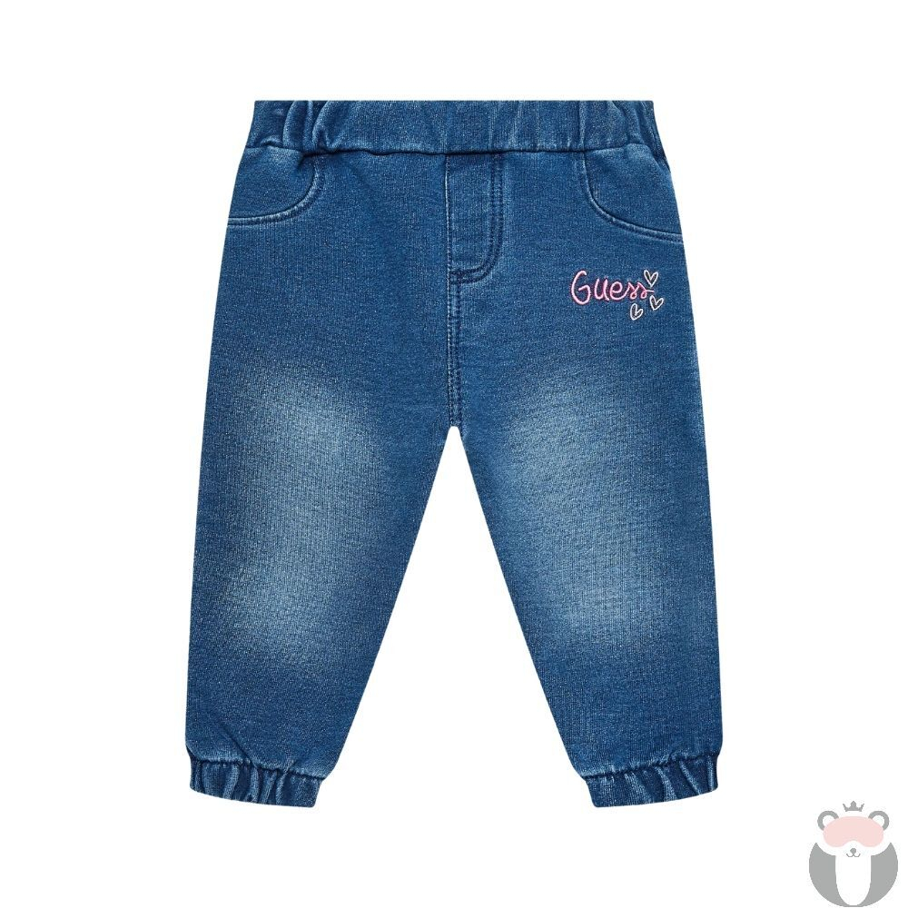 Футболка с длинным рукавом + брюки трикотажные GUESS Экрю/Термопринт: цветок из пайеток//Синий деним Девочка