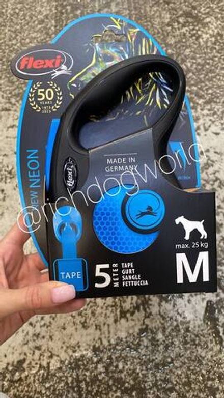 Flexi рулетка Neon New - S (до 15 кг) светоотражающая, голубой неон (5 м, лента)