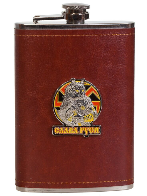 Надежная мужская фляга с накладкой Слава Руси