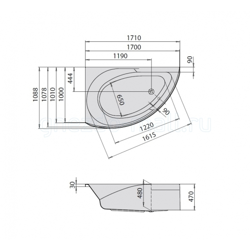Ванна Hoesch Spectra 170х100 см, правая, со съемной панелью, 3662