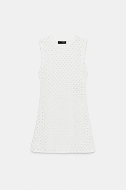 ZARA МИНИ-ПЛАТЬЕ ИЗ ТРИКОТАЖА POINTELLE, БЕЛЫЙ