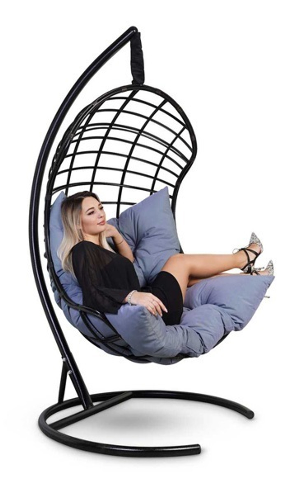 Подвесное кресло-кокон BARCELONA PLUS черное, синяя подушка (Laura Outdoor)
