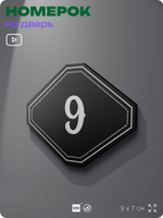 Номерок на дверь квартиры 9, для кабинета, офиса, шильдик 9 х 7 см, черный, Айдентика Технолоджи