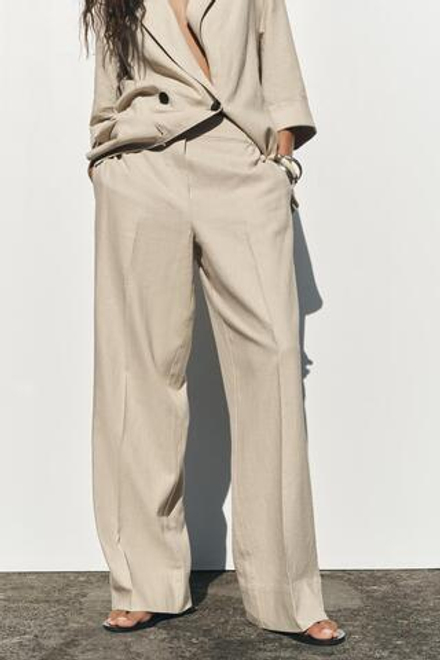 ZARA БРЮКИ ИЗ СМЕСОВОГО ЛЬНА С ШИРОКИМИ ШТАНИНАМИ, СВЕТЛО-БЕЖЕВЫЙ