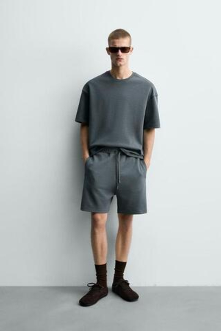 ZARA ШОРТЫ-ДЖОГГЕРЫ RELAXED FIT INTERLOCK, ЛИНЯЛЫЙ СИНИЙ