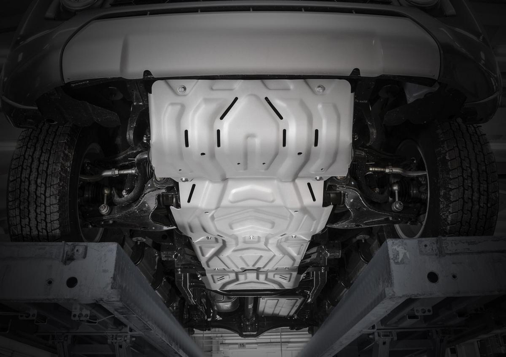 Защита радиатора, картера, КПП и РК Rival (усиленная, серая) для Fiat Fullback (V - 2.4D) 2016-н.в./Mitsubishi L200 V (V - 2.4D) 2015-2019 2018-н.в./Mitsubishi Pajero Sport III (V - 2.4D; 3.0) 2016-2021 2021-н.в., алюминий 4 мм/сталь 3 мм, 4 части, с крепежом, штампованная, K222.4052.1