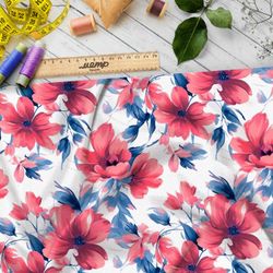 Ткань премиум бифлекс крупные цветы с голубыми листьями