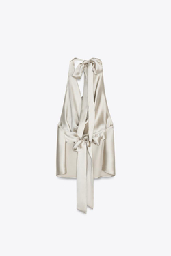 ZARA АТЛАСНЫЙ ТОП С ГОРЛОВИНОЙ ХАЛТЕР, СЕРО-БЕЖЕВЫЙ
