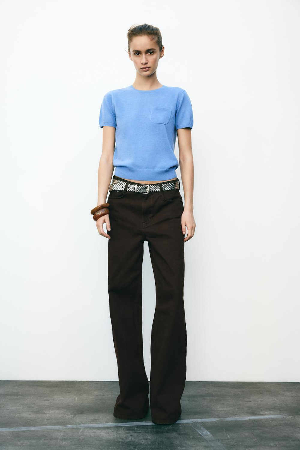 ZARA ОДНОТОННЫЙ ТОП С КОРОТКИМИ РУКАВАМИ, СИНИЙ