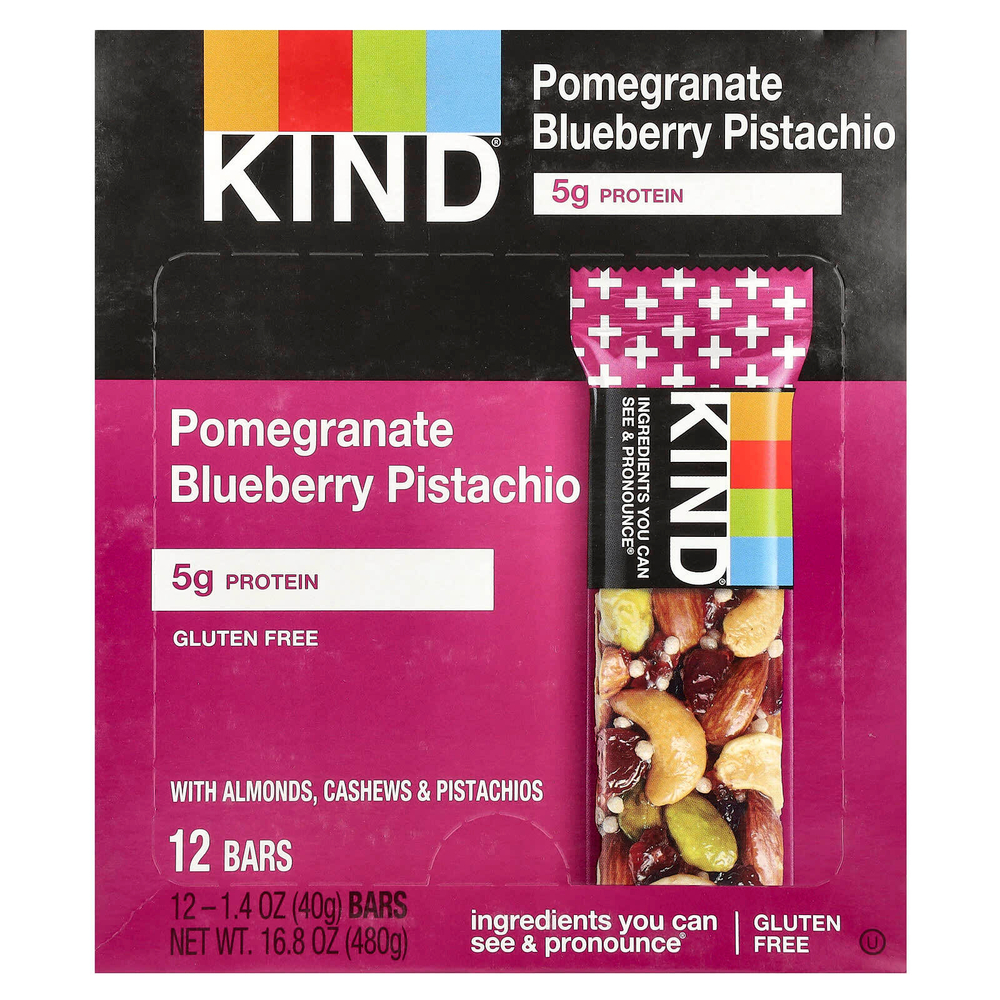 KIND Bars, Батончики Plus, гранат, фисташки, черника + антиоксиданты, 12 батончиков, 1,4 унции (40 г) каждый
