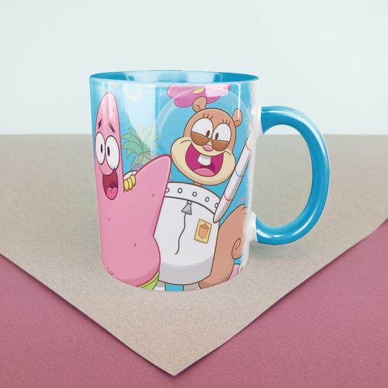 Кружка керамическая объем 330мл, Губка Боб "Друзья – Команда", (голубая)