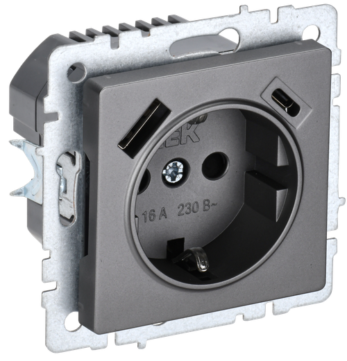 BRITE Розетка 1-местная с заземлением с защитными шторками 16А с USB A+C 18Вт РЮш11-1-БрС сталь IEK