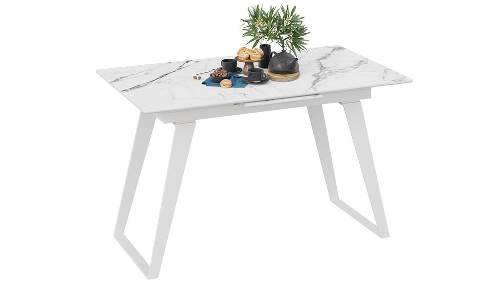 Стол кухонный обеденный раздвижной Белый муар/Стекло глянцевое белый мрамор 140(180)х80х77 см