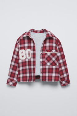 ZARA РУБАШКА КЛАССИЧЕСКОГО КРОЯ В КЛЕТКУ С ТОПОМ В РУБЧИК, КРАСНЫЙ