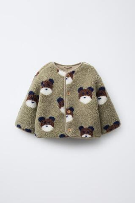 ZARA КУРТКА ИЗ ИСКУССТВЕННОЙ ОВЧИНЫ С МИШКАМИ, ШАЛФЕЙНЫЙ