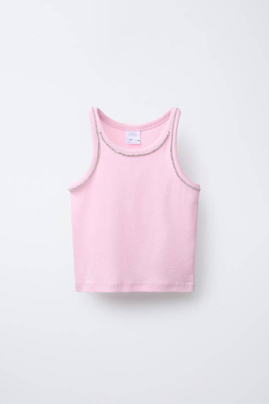 ZARA ТОП В РУБЧИК СО СТРАЗАМИ, РОЗОВЫЙ