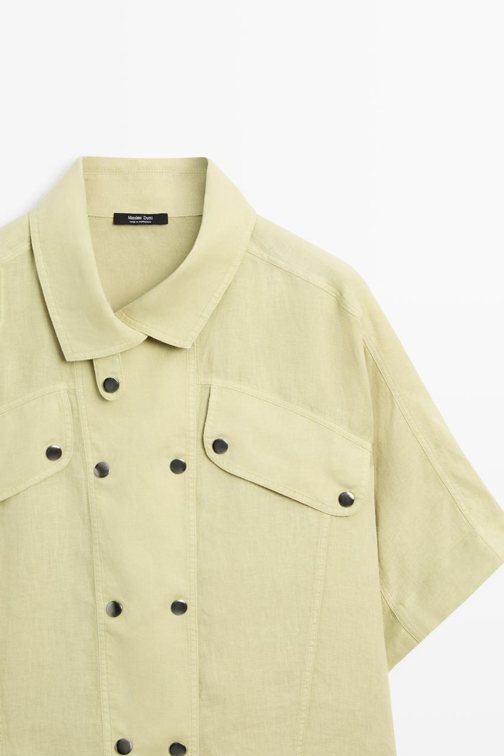Massimo Dutti Льняная рубашка с короткими рукавами и кнопками, лаймовый