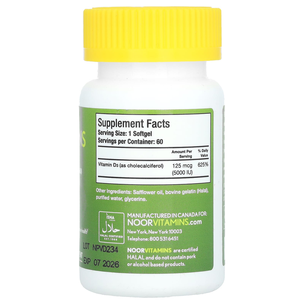 Noor Vitamins, витамин D3, 125 мкг (5000 МЕ), 60 мягких таблеток