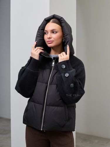 Комбинированный черный пуховик с капюшоном
