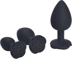 Чёрная силиконовая анальная пробка с ограничителем в форме розочки (Размер L)