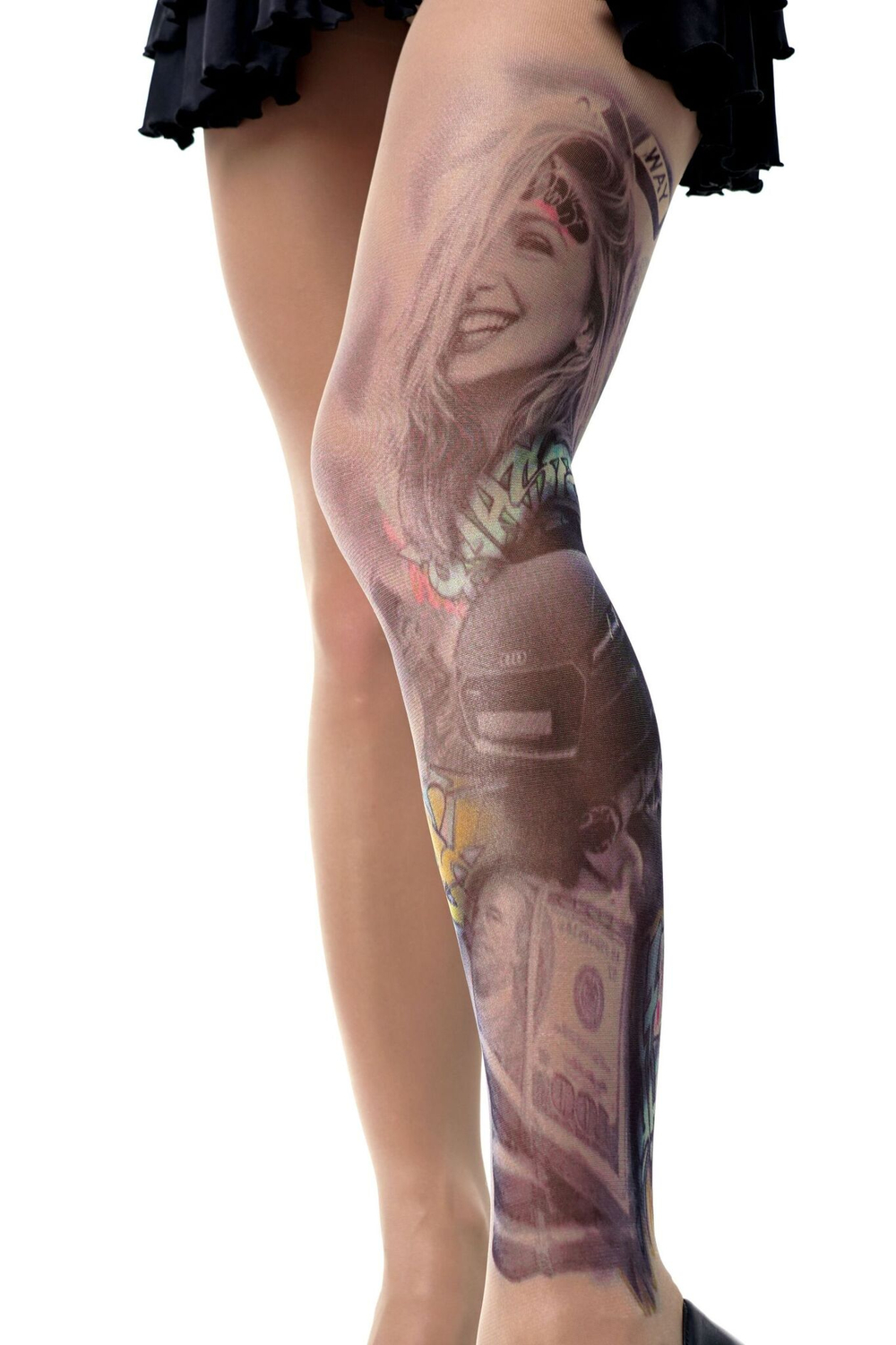 Колготки с имитацией тату в виде авто и девушки (Размер: S-M-L) (Цвет: бежевый)