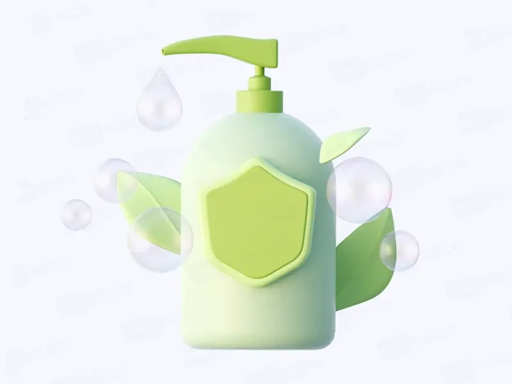 Eco soap dispenser 3D mockup in pastel green with leaves and bubbles