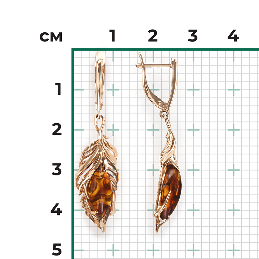 Серьги «Перья» с английским замком из красного золота c янтарём