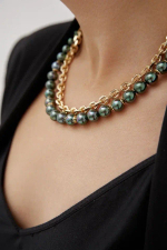 Колье Твин 2 ряда темно-зеленый жемчуг Майорка и цепь ролло, оттенок золото