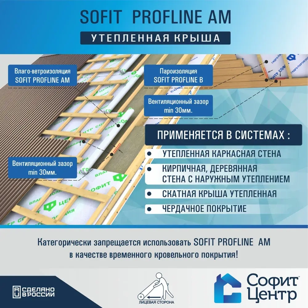 Супердиффузионная мембрана SOFIT PROFLINE AM 35 кв.м паропроницаемая , двухслойная гидро-ветрозащитная мембрана