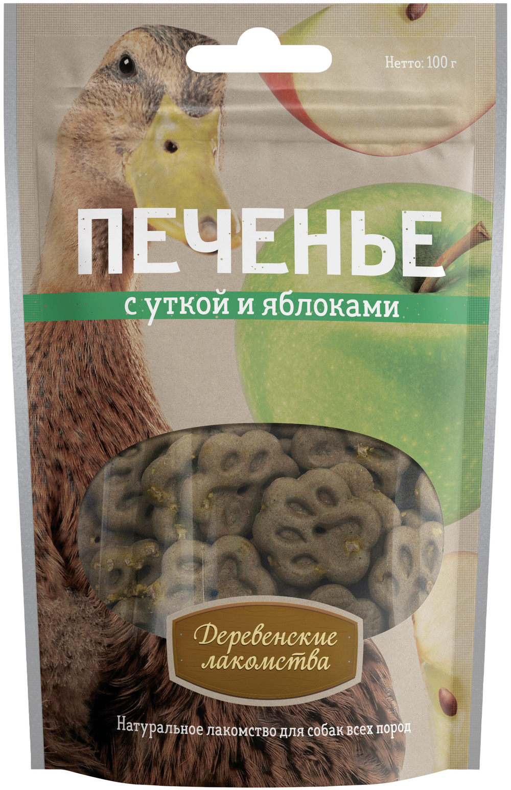 Деревенские Лакомства для собак печенье с уткой и яблоками 100 гр.