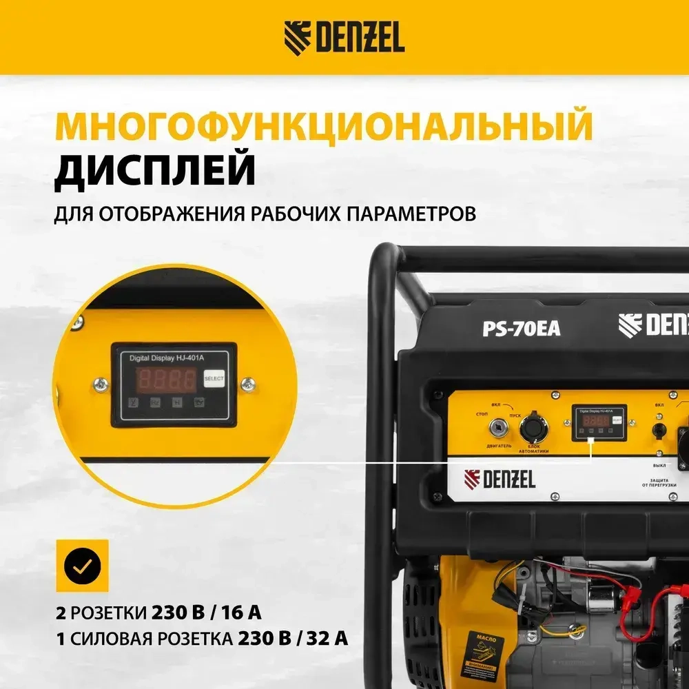 Генератор бензиновый DENZEL PS 70 EA, 7.0 кВт мощность и 420 см3 объем двигателя, 25 л, электростартер, блок AVR и коннектор автоматики, 3 розетки и выход постоянного тока USB 5В 946894