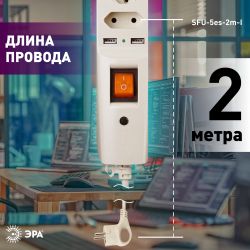 Сетевой фильтр ЭРА SFU-5es-2m-I с надежной защитой с заземлением с выключателем 5 розеток 2xUSB 2м 10А слоновая кость | Сетевые фильтры