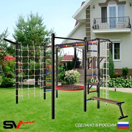 Уличная шведская стенка Sv Sport рукоход с комплектом турник прямой 2шт У5287.1 (Турник/Брусья/Стойка/Скамья/Гнездо 100см/Кронш бокс/Канат/кольца/лестница/Сетка)