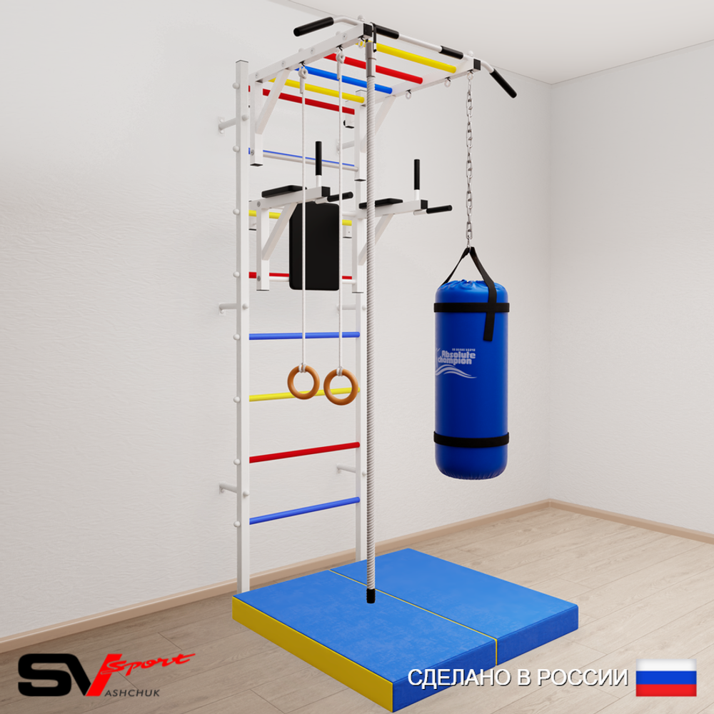 Шведская стенка Sv Sport 5445 (Турник рукоход/Брусья/Канат/Кольца/Цепь/Мешок 15кг/Мат 1м)