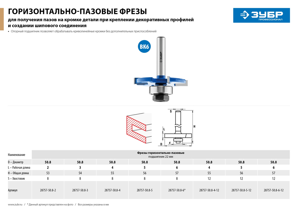 ЗУБР 50.8 x 3 мм, хвостовик 8 мм, фреза горизонтально-пазовая, Профессионал (28757-50.8-3)