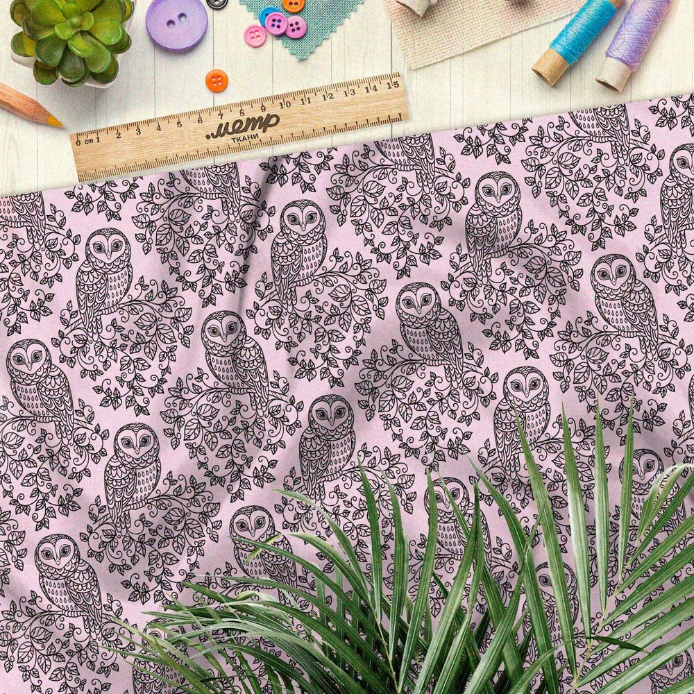 Ткань интерлок резные эскизы сов на ветках