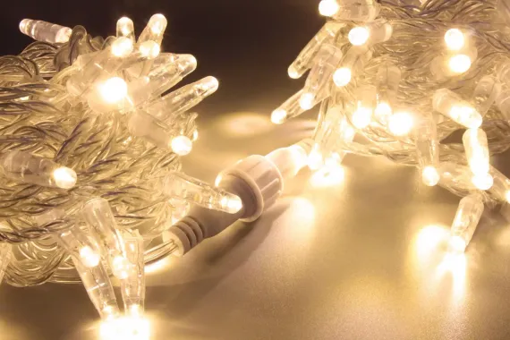 Светодиодная нить 100 теплых белых LED ламп, 10 м., 220В, статика, прозрачный провод ПВХ, Teamprof (TPF-S10C-220V-CT/WW)