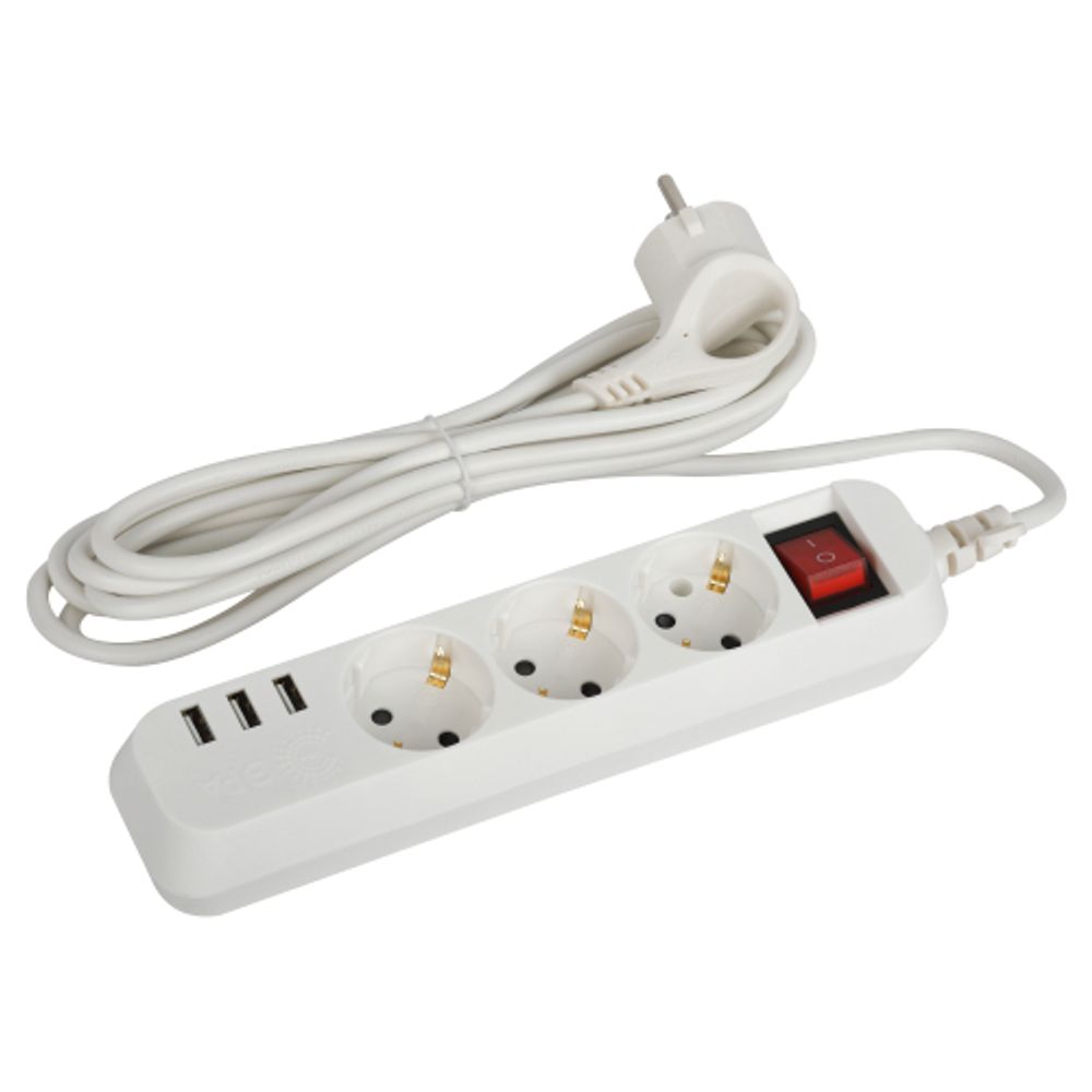 Удлинитель электрический ЭРА U-3es-3m-USB c заземлением с выключателем 3 розетки + 3xUSBA 3м 10А | Бытовые удлинители