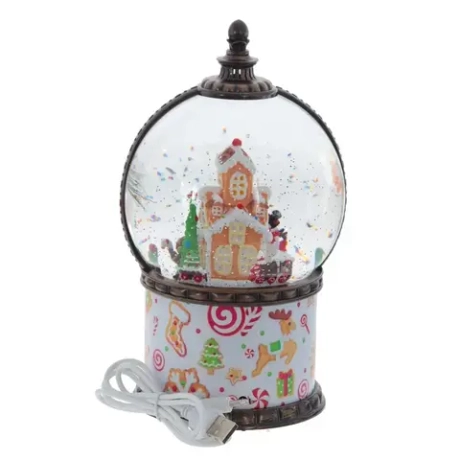 Фигурка декор в шаре "Пряничный дом" (подсвет, муз, вьюга, движ, AAх3 н/п +USB 100 см), L13 W13 H21