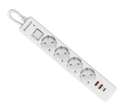 Сетевой фильтр Defender DFS 143 - 3,0 М, 4 розеток, 2xUSB, 1xType-C, белый