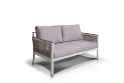 "Сан Ремо" диван 2-местный плетеный из роупа, каркас алюминий белый, роуп бежевый, ткань бежевая
