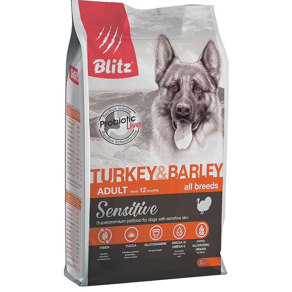 Сухой корм BLITZ Sensitive ADULT Turkey&amp;Barley для взрослых собак с индейкой и ячменем, Пакет 2 кг