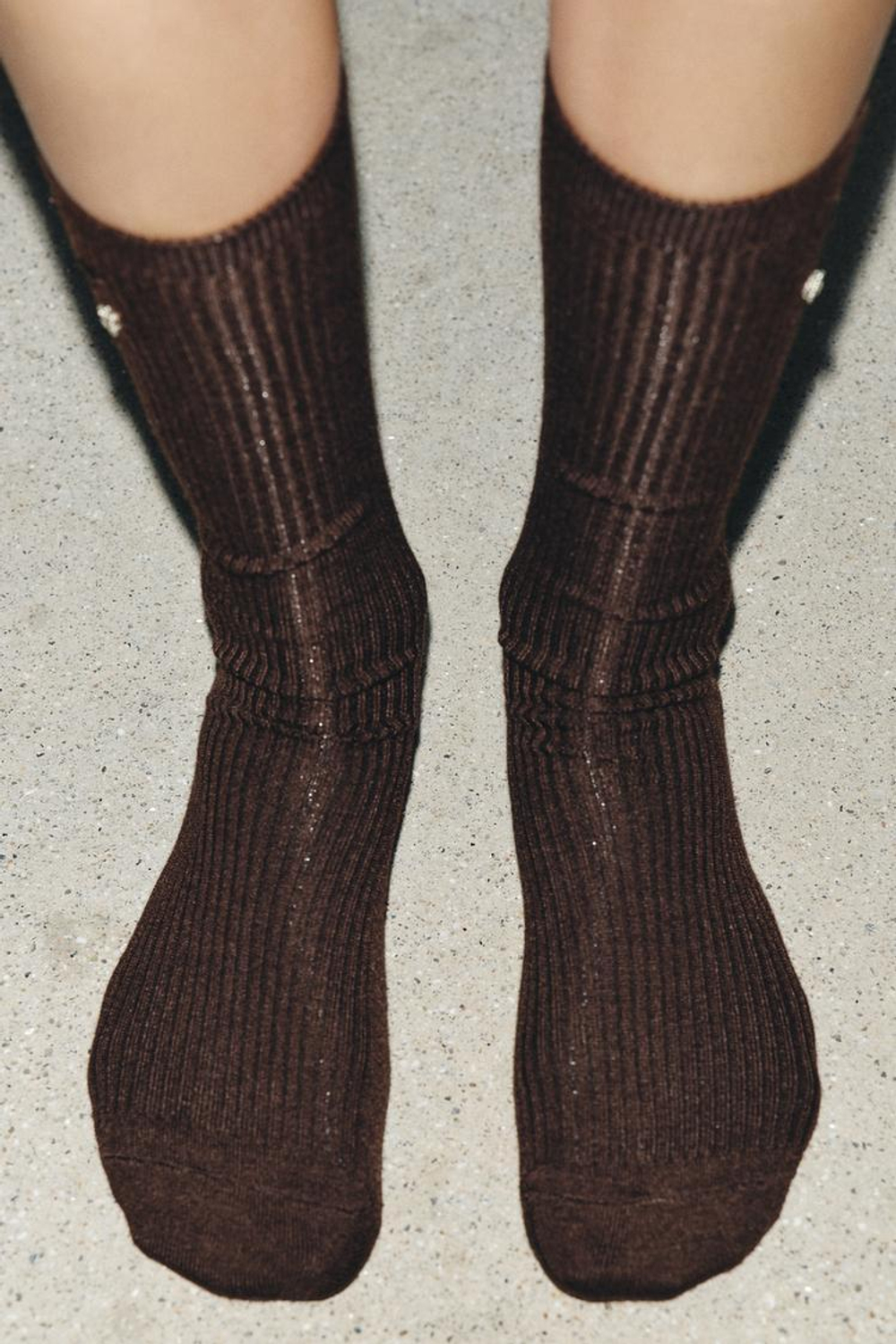 ZARA НОСКИ ИЗ СМЕСОВОЙ ШЕРСТИ С УКРАШЕНИЯМИ И БУСИНАМИ, КОРИЧНЕВЫЙ