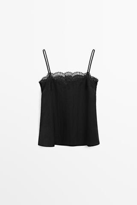 Massimo Dutti Топ в бельевом стиле с кружевом, черный