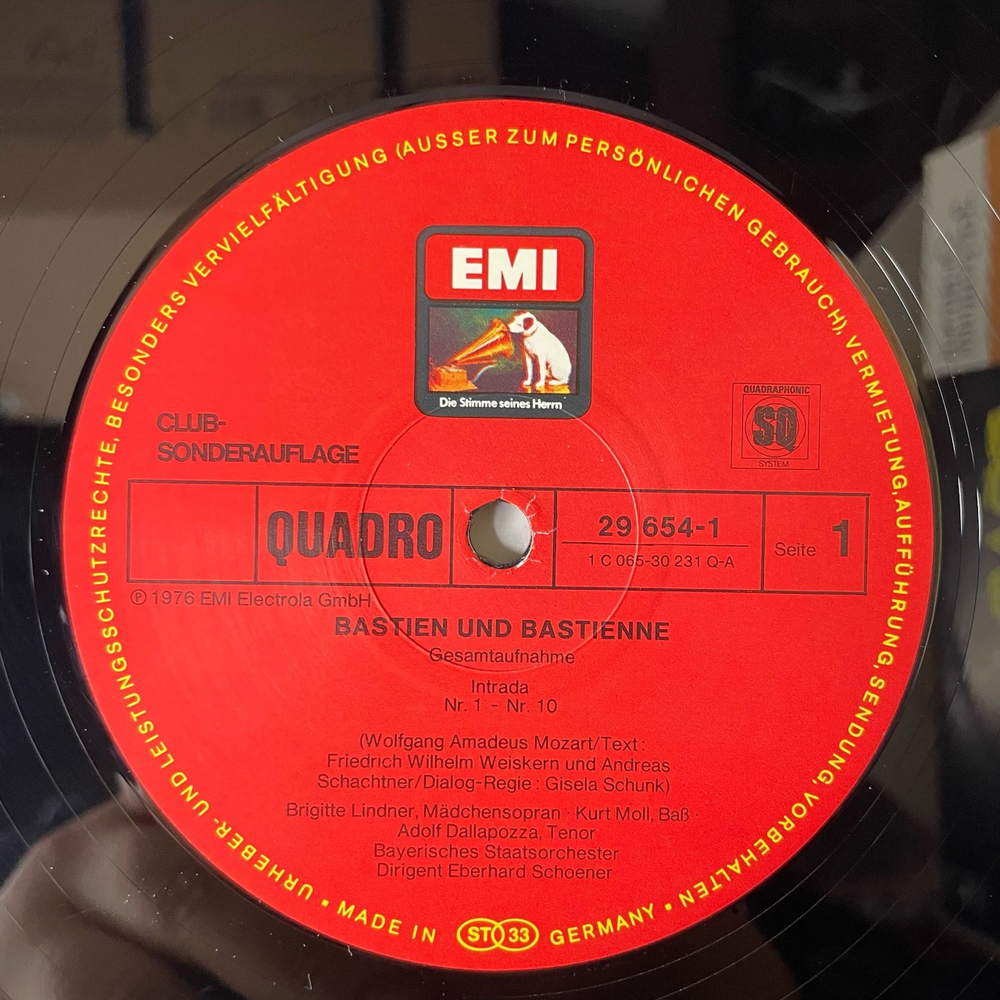 Винтажная виниловая пластинка LP Wolfgang Amadeus Mozart Моцарт Опера Bastien Und Bastienne Бастьен и Бастьенна (Германия 1976) Quadraphonic